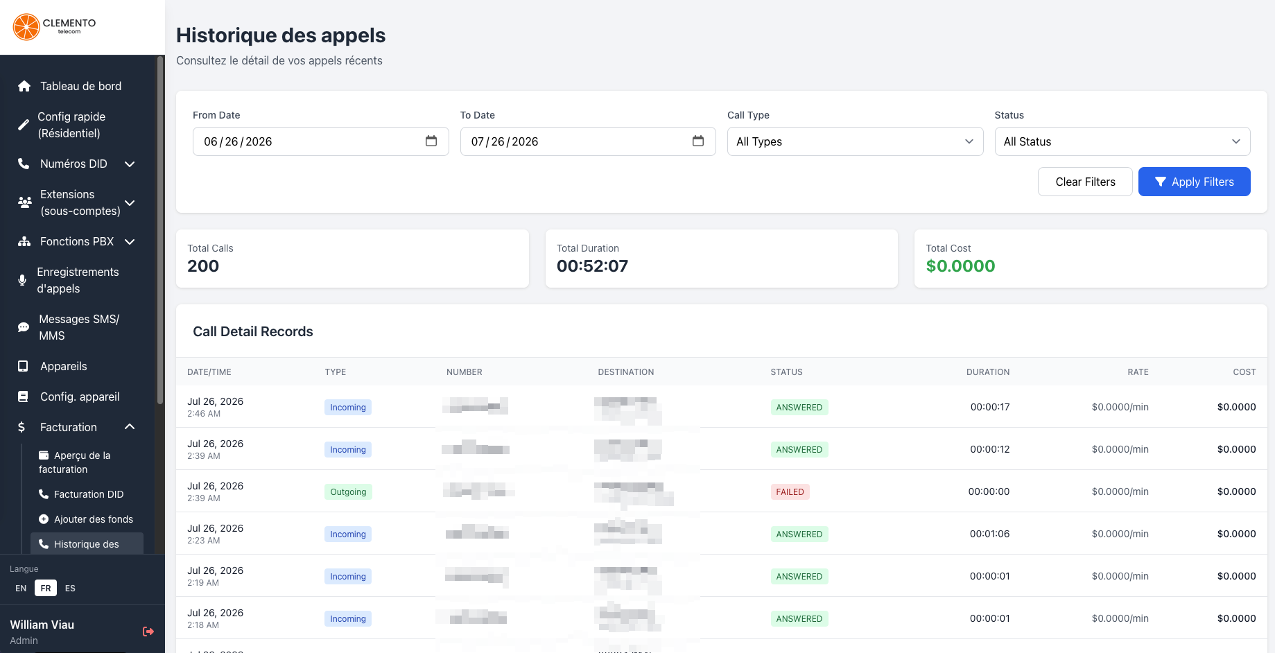 Call history in the customer portal