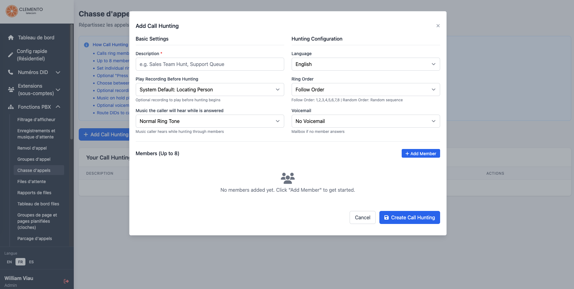 Call hunting configuration in the portal