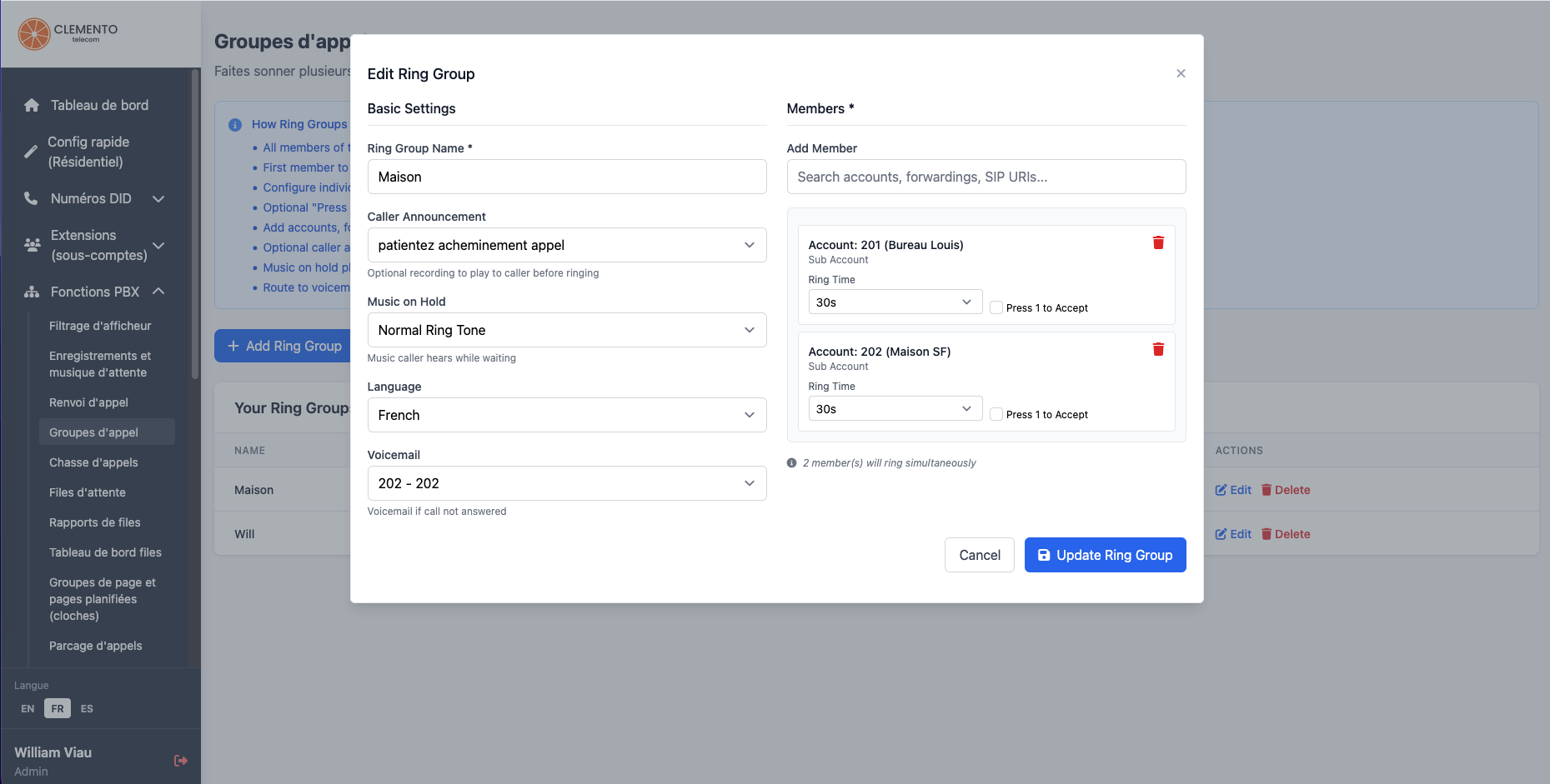 Ring group configuration in the portal
